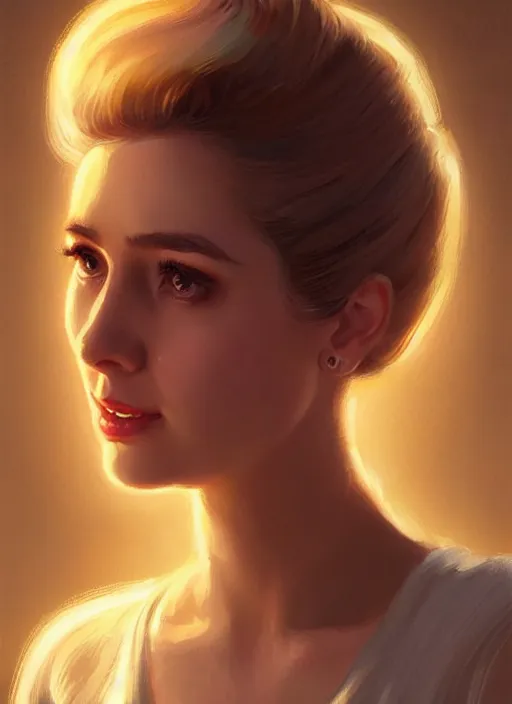 Image similar to portrait of betty cooper with fluffy bangs, bangs, 1 9 6 0 s, ponytail, curly bangs and ponytail, rounder face, intricate, elegant, glowing lights, highly detailed, digital painting, artstation, concept art, smooth, sharp focus, illustration, art by wlop, mars ravelo and greg rutkowski