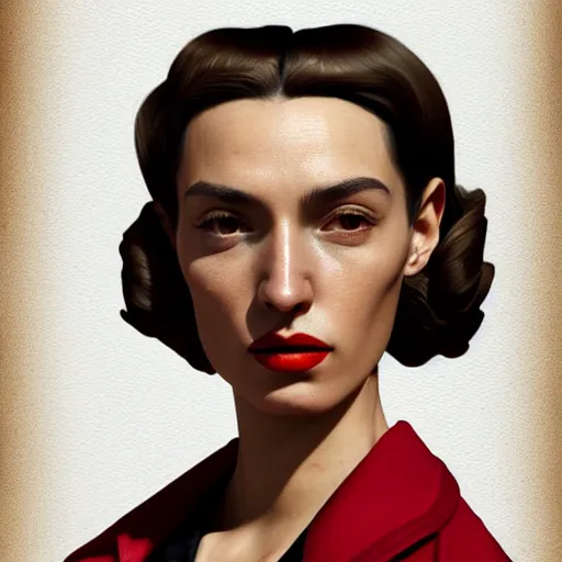 Prompt: A Hearts of Iron IV portrait of a Spanish young woman with high cheekbones. Good bone structure. Dressed in 1940s style. Highly detailed, fine Art, high detail, great lighting, 8k resolution, masterpiece, concept art, illustration, clear eyes, painting oil on canvas, octane render, HDR, trending on artstation, 4k, 8k, HD