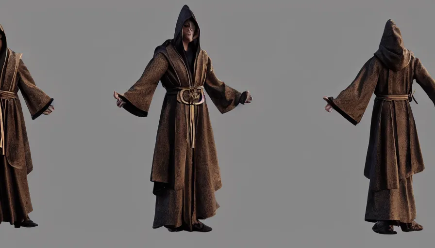 Image similar to t-pose of wizard, magic belt, elaborate robes, hood, character design sheet, character reference sheet, TPose, t-pose, straight arms, 3d marketplace, different angles, octane render, ray tracing, unreal engine 5, DAZ, zbrush, 8k ultra HD,