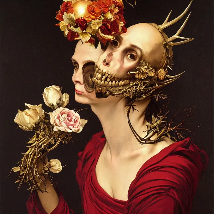 Prompt: portrait of a woman with a golden skull instead of a head, a wreath of thorns, a dress of bones and roses, horns, snakes, smoke, flames, full-length, oil painting in a renaissance style , very detailed, red background, painted by Caravaggio, Greg rutkowski, Sachin Teng, Thomas Kindkade, Alphonse Mucha, Norman Rockwell, Tom Bagshaw.