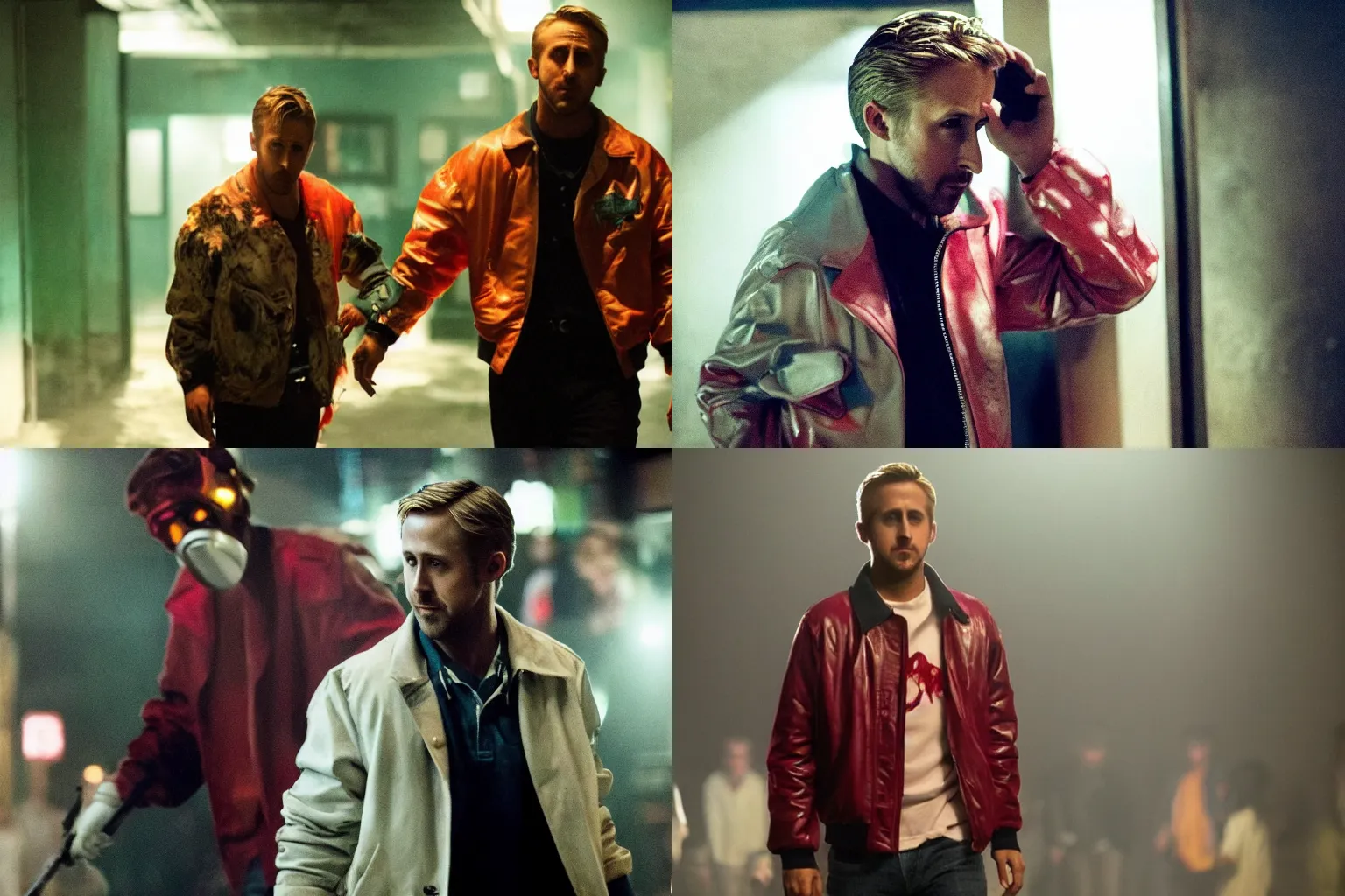 Prompt: Ryan Gosling playing Jacket in a live action adaptation of Hotline Miami, film still, dramatic lighting, 80s retro, bloody,