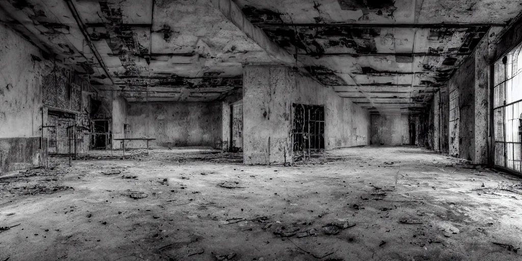 Image similar to abandoned prison with ghosts, security camera, black and white, real