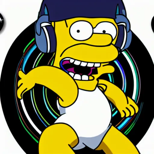 Prompt: svg sticker of a Homer-Simpson at a rave, spinning records, giant headphones rocking out, wearing headphones, huge speakers, dancing, rave, DJ, spinning records, digital art, amazing composition, rule-of-thirds, award-winning, trending on artstation, featured on deviantart