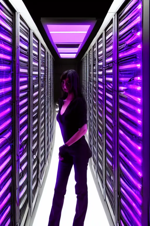 Prompt: black haired beautiful woman standing in a dark, purple led lighted server room