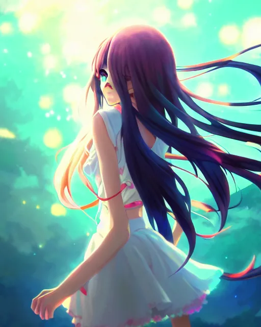 Prompt: anime style, vivid, expressive, full body, 4 k, painting, a cute magical girl with a long wavy black hair, side shot, stunning, realistic light and shadow effects, centered, simple background, studio ghibly makoto shinkai yuji yamaguchi