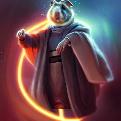 Image similar to cute anthropomorphic guinea pig full as an jedi in a spaceship, body portrait, divine lightning, by greg rutkowski, by charlie bowater