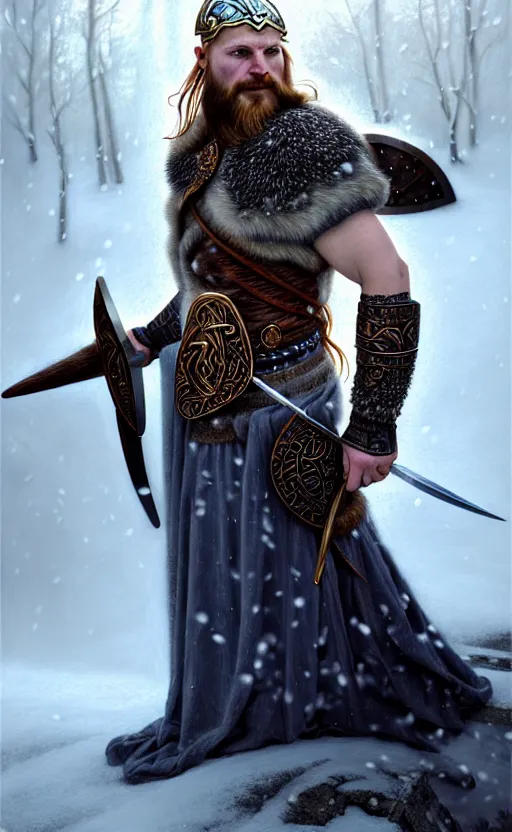 Image similar to iridescent viking warrior, regal, elegant, winter, snow, beautiful, stunning, hd, illustration, epic, d & d, fantasy, intricate, elegant, highly detailed, wide angle, digital painting, artstation, concept art, smooth, sharp focus, illustration, wallpaper, art by artgerm and greg rutkowski and alphonse mucha and jin xiaodi