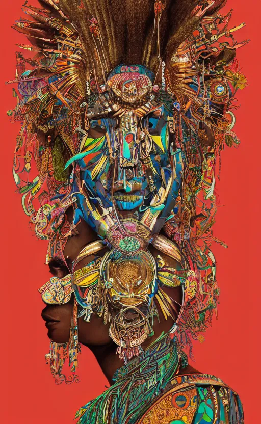 Image similar to upper half portrait of retro futuristic african tribal chief - embellished with vegetation and iridescent crystals, art by chsiao - ron cheng & alphonso mucha, colouring by zdzisaw beksinski, highly detailed, digital painting, airbrush, concept art, illustration, smooth sharp focus, intricate, symmetry, artstation, colourful,