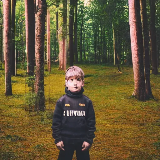 Image similar to kid looking at camera in forest at night, far away from camera, 70s photo, out of focus, motion blur, cctv footage