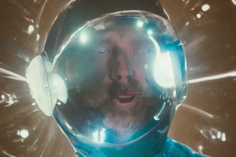 Prompt: thom yorke singer songwriter in a reflective space helmet, helmet filling up with water, video art, anamorphic lens flare, datamosh, beautiful blue eyes, eyes reflecting into eyes reflecting into infinity, eyes reflecting into eyes reflecting into infinity