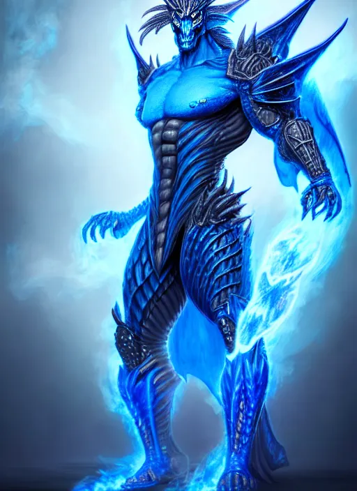 Art depiction of a male humanoid with steel blue skin