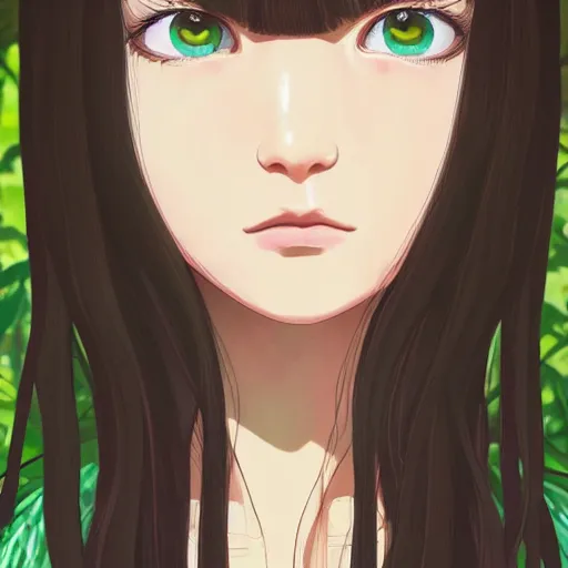 Image similar to Character portrait of a young beautiful woman in a lush park, beautiful face, large eyes, long dark hair with bangs, highly detailed, cel shading, Studio Ghibli still, by Ilya Kuvshinov and Akihiko Yoshida