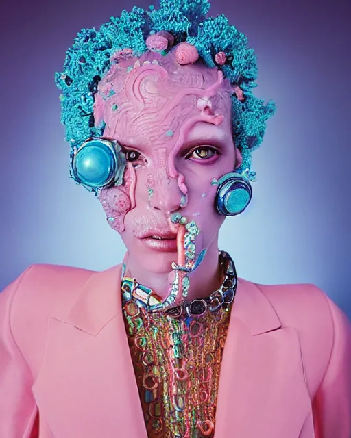 Image similar to natural light, soft focus portrait of a cyberpunk anthropomorphic coral with soft synthetic pink skin, blue bioluminescent plastics, smooth shiny metal, elaborate ornate head piece, piercings, skin textures, by annie leibovitz, paul lehr