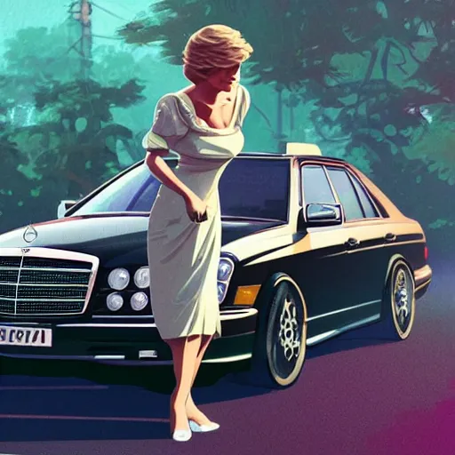 Prompt: Princess Diana standing next to a Mercedes-Benz W140, highly detailed, digital painting, artstation, concept art, smooth, sharp focus, illustration, art by artgerm and alphonse mucha, high definition digital art, in the style of Ross tran and ilya kuvshinov