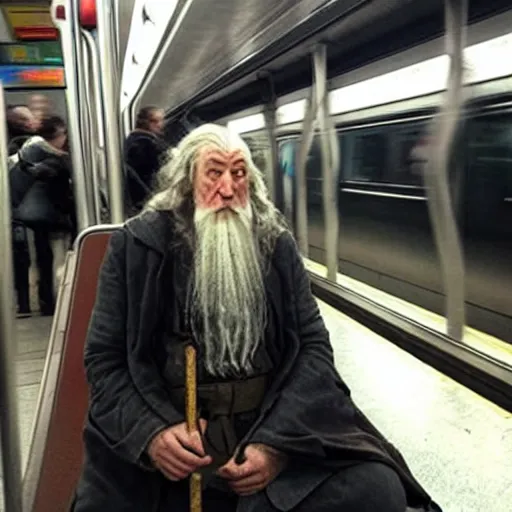 Image similar to gandalf riding the subway