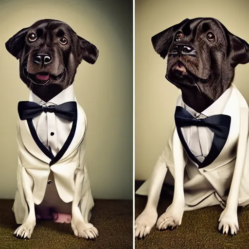 Image similar to high quality fashion portrait photography of dog wearing suits from national geographic award, vogue magazine, elle magazine, studio lighting, rule of third