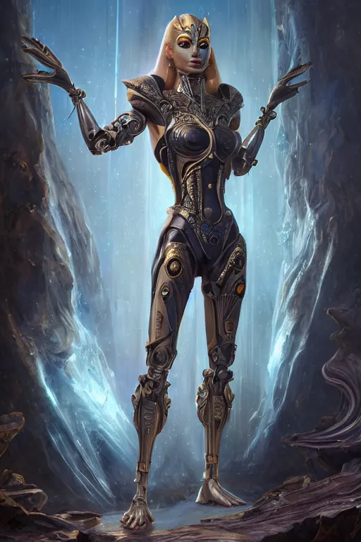 Image similar to portrait of a beautiful female hybrid cyborg atlantean anubis hada elsa jean alien warrior, regal, realistic, refined, detailed, digital art, jessica rossier, michael cheval, esao andrews, steampunk, walt disney ( 1 9 3 7 ), francois boucher, oil painting, highly detailed, cinematic lighting, unreal natural tpose