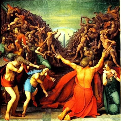 Prompt: I am the way into the city of woe, I am the way into eternal pain, I am the way to go among the lost. Painted by Raphael. Dante\'s Inferno.