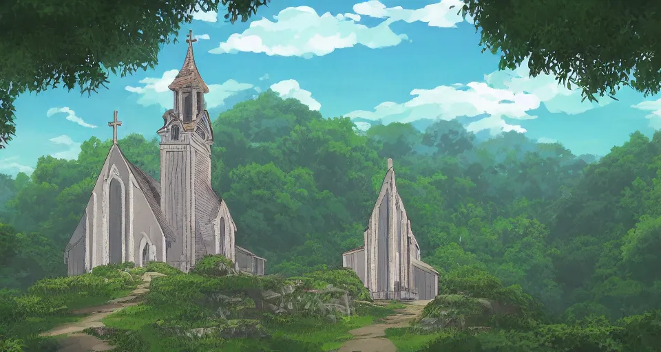 Image similar to view of a catholic church on a forested mountain, in the style of studio ghibli, distant, detailed, artstation, award winning painting