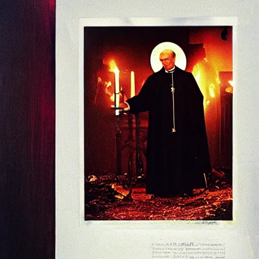 Image similar to john paul ii standing in a burning protestant church, night, pitch black