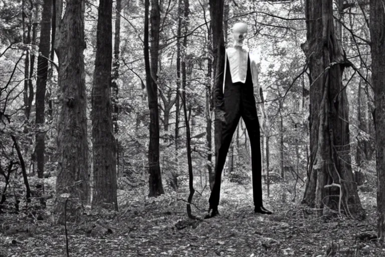 Image similar to an very old photo of slenderman in the forest