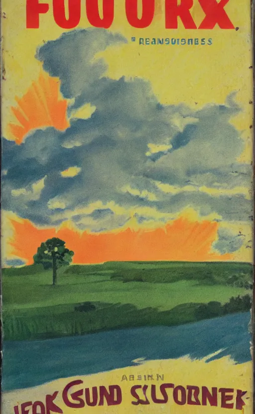 Image similar to paperback book cover. 1 9 5 0 s. pure colors, melting clouds, accurately drawn details, a sunburst above a receding road with the light reflected in furrows and ruts, after rain. and no girls.