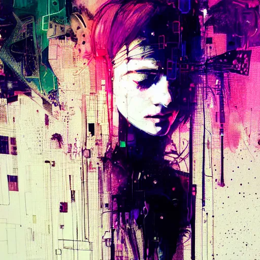 Prompt: beautiful young cybernoir woman vr dreaming in a glitchcore world of wires, and machines, by jeremy mann, francis bacon and agnes cecile, and dave mckean ink drips, paint smears, digital glitches glitchart