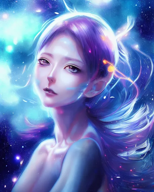 Image similar to A realistic anime portrait of a beautiful cosmic woman with glowing blue eyes and skin made of universes wearing clothes made of galaxies, digital painting, by Stanley Artgerm Lau, Sakimichan, WLOP and Rossdraws, digtial painting, trending on ArtStation, SFW version