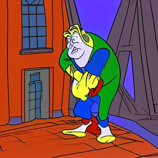 Image similar to disney's quasimodo standing on a set in paris talking to a director. 1 9 9 5 tv capture. disney cartoon style.