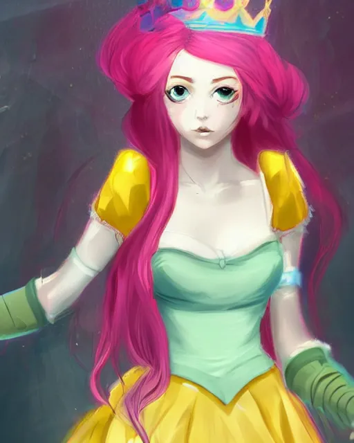 Image similar to concept art of a princess, she has pink hair and a yellow crown, anime art, digital painting, hd, smooth, full body shot, tran ross