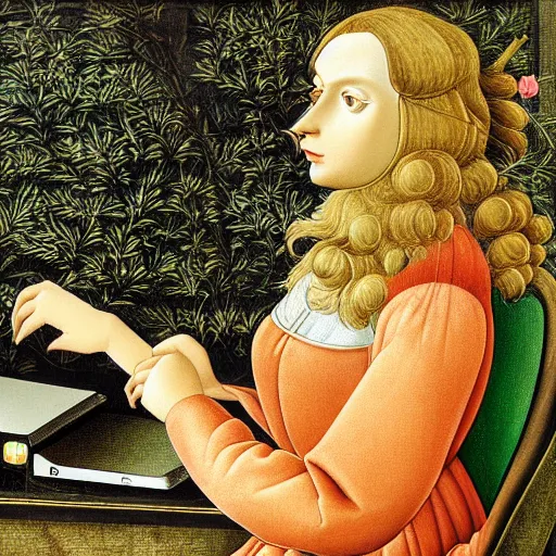 Prompt: turtle typing on a computer at the office by botticelli hd