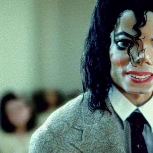 Image similar to a cinematic film still of Michael Jackson starring in The Shining, portrait, 40mm lens, shallow depth of field, close up, split lighting, cinematic