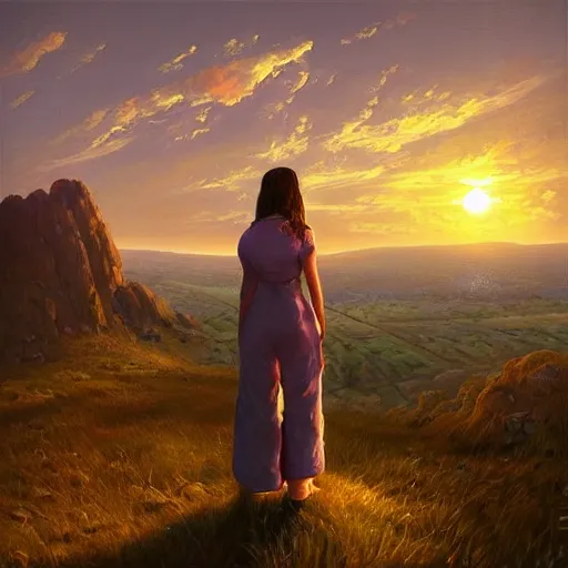 Prompt: “a lonely woman standing at the top of a hill at sunset waiting for someone to return, detailed and realistic 8k HD oil painting, by Tyler edlin”