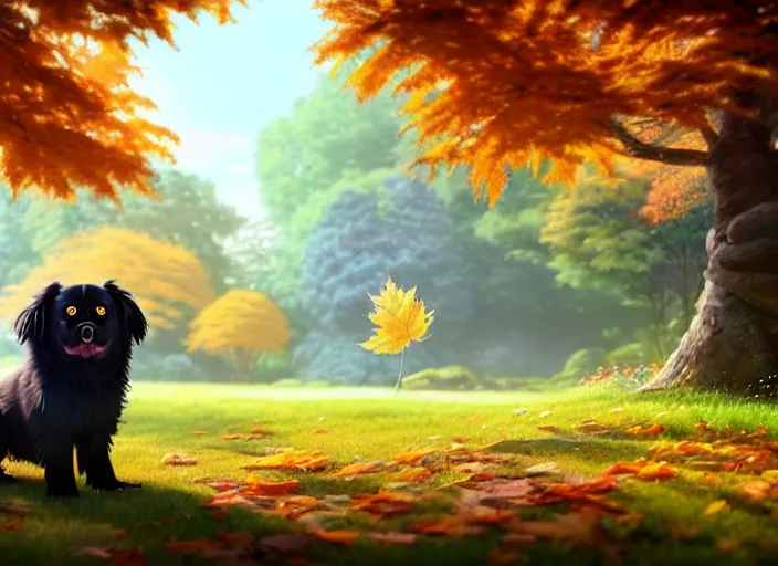 Image similar to a wholesome animation key shot of a black tibetan spaniel, autumn trees in the background, autumn leaves in the foreground, studio ghibli, pixar and disney animation, sharp, rendered in unreal engine 5, anime key art by greg rutkowski, bloom, dramatic lighting