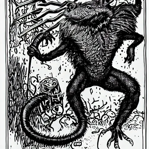 Image similar to electric rat with lightning bolt tail, a D&D monster, full body, pen-and-ink illustration, etching, by Russ Nicholson, DAvid A Trampier, larry elmore, 1981, HQ scan, intricate details, Monster Manula, Fiend Folio