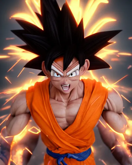 Image similar to 3 d high octane render, 8 k hyperrealism, unreal engine, photorealistic goku, portrait, dynamic lighting, photorealistic, unreal engine, octane, ultra detailed, detailed faces, hd quality, life like, high render, hd resolution