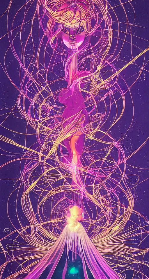 Image similar to she dreams of arcs of purple flame intertwined with glowing sparks, glinting particles of ice, dramatic lighting, steampunk, bright neon, secret holographic cyphers, red flowers, solar flares, high contrast, smooth, sharp focus, intricate art by Moebius