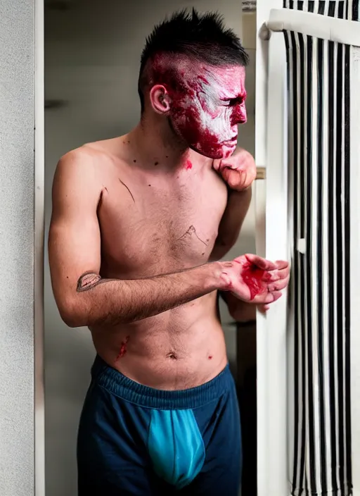 Image similar to a young man of 2 5 years old, with a bruised face and bruises, is standing in a doorway in a boxer's stance, casual clothing style, hairstyle red mohawk, cold colors, comics style, angry 8 k