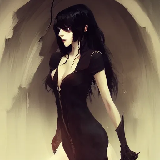 Image similar to female human vampire witch in the style of greg rutkowski, makoto shinkai, trending on artstation, character design, concept art, pretty face, highly detailed, long black hair, portrait, digital art