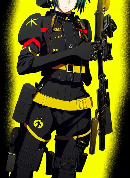 Image similar to anime portrait of a vicious helldiver scout soldier, black armor with yellow accents, full body illustration, head to toe, ilya kuvshinov, anime, pixiv top monthly, trending on artstation, cinematic, danbooru, zerochan art, kyoto animation