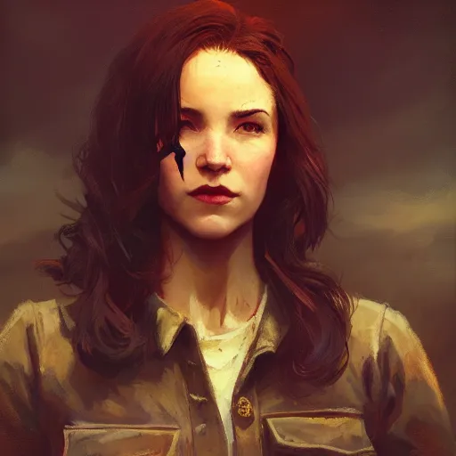 Image similar to fallout 5, charismatic brunette female protagonist, portrait, atmospheric lighting, painted, intricate, volumetric lighting, beautiful, daytime, sunny weather, slight overcast, sharp focus, deep colours, ultra detailed, by leesha hannigan, ross tran, thierry doizon, kai carpenter, ignacio fernandez rios