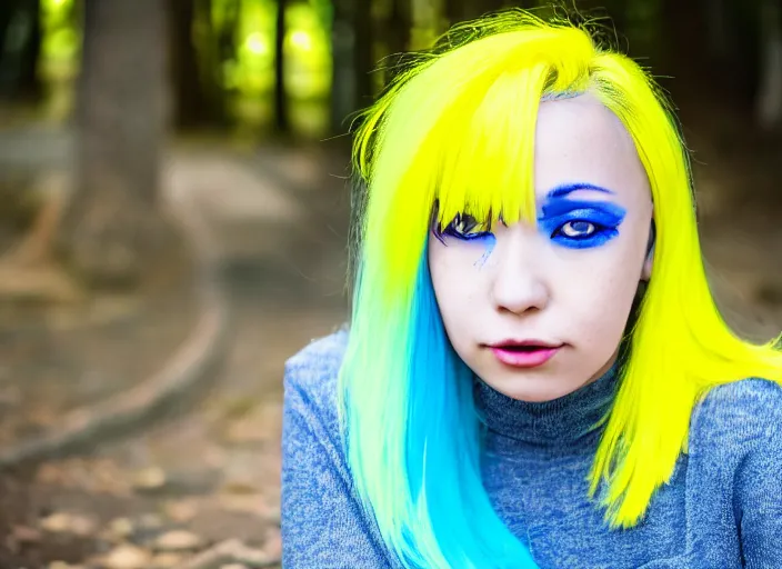 Prompt: dslr portrait photo still of rimuru tempest with blue hair and yellow!!! eyes!!!, 8 k, 8 5 mm f 1. 8