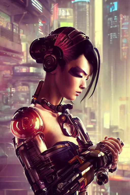 Image similar to Photorealistic illustration, geisha cyborg woman with fashion balanciaga clothe six digital eyes , cyberpunk 2077, sci-fi, futuristic, intricate, elegant, highly detailed, digital painting, artstation, concept art, smooth, sharp focus, art by artgerm, greg rutkowski and alphonse mucha