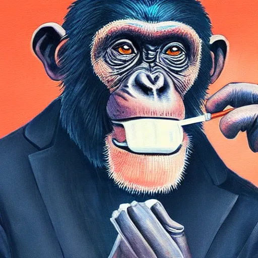 Image similar to a high detail portrait of a chimp wearing a suit 👔,and smoking🚬