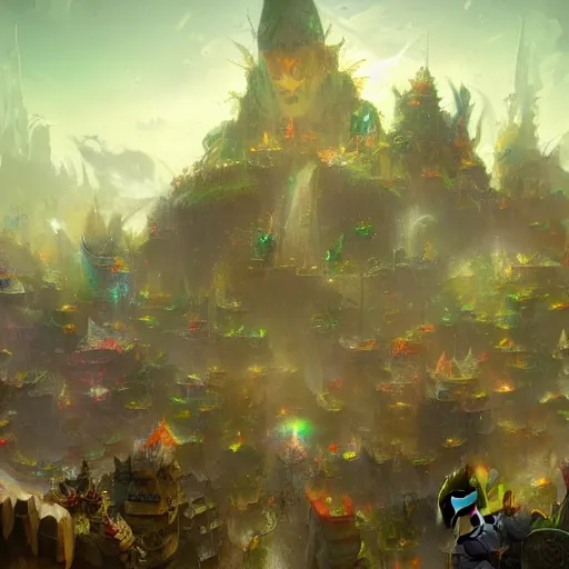 Image similar to overpopulated gnome city by Ruan Jia, Peter Morhbacher, rendered in hyperdetailed Ultra HD, trending on ArtStation, luminous, cute gnomes everywhere, pastel colors