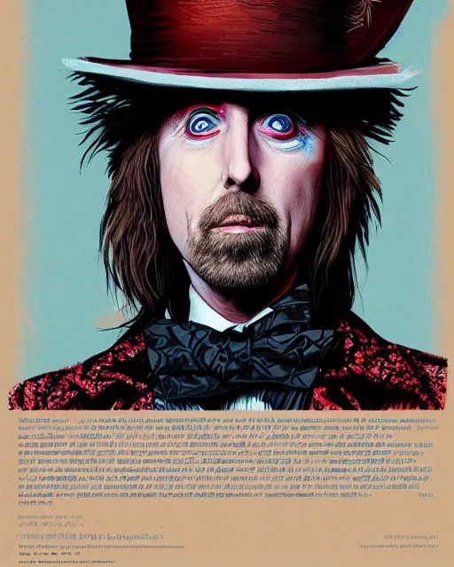 Image similar to tom petty as the mad hatter, contrast, kim jung gi, greg rutkowski, zabrocki, karlkka, jayison devadas, trending on artstation, 8 k, ultra wide angle, zenith view, pincushion lens effect