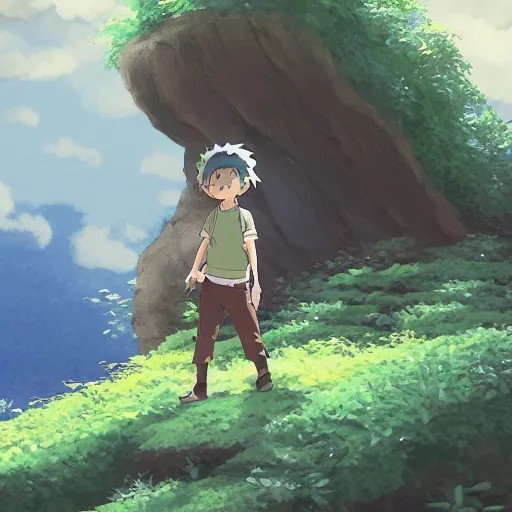 Image similar to friendly guy and small creature , with Fragile looking character portrait face made in Studio Ghibli artstyle ,highly detailed art, beautiful scene, sharp focus, smooth, 8k, anime art, fantasy, style in ghibli anime style, fantasy, island, forest with animals 8k