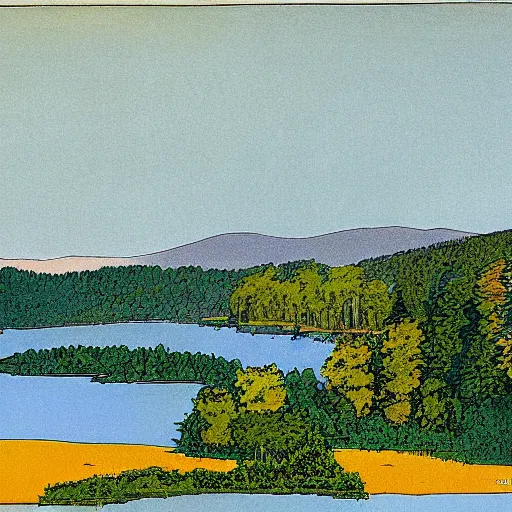 Image similar to by milo manara improvisational, meticulous cool yellow. the computer art of two lakes in connecticut, with mountains in the distance.