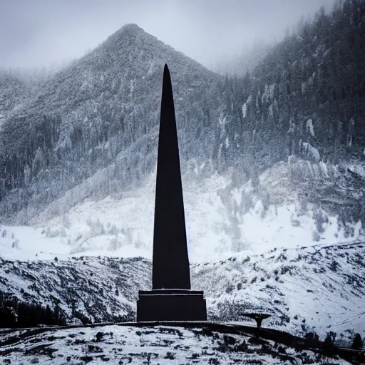 Image similar to a monolithic obelisk temple next to a snowcapped mountain. snowing, overcast sky, grainy.