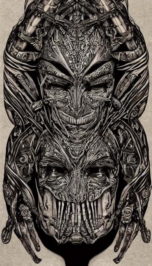 Image similar to immortal galactic emperor hybrid aztec fantasy beautiful angellic symmetrical human elven face skull mask tattoo pattern concept, teonanacatl glyph, intricate artwork by, Johnatan Wayshak, Zdizslaw Beksinski, face by Artgerm, H.R. Giger, very coherent artwork, cinematic, hyper realism, high detail, octane render, unreal engine, 8k, High contrast, higly detailed black ink outline, crosshatch sketch gradient